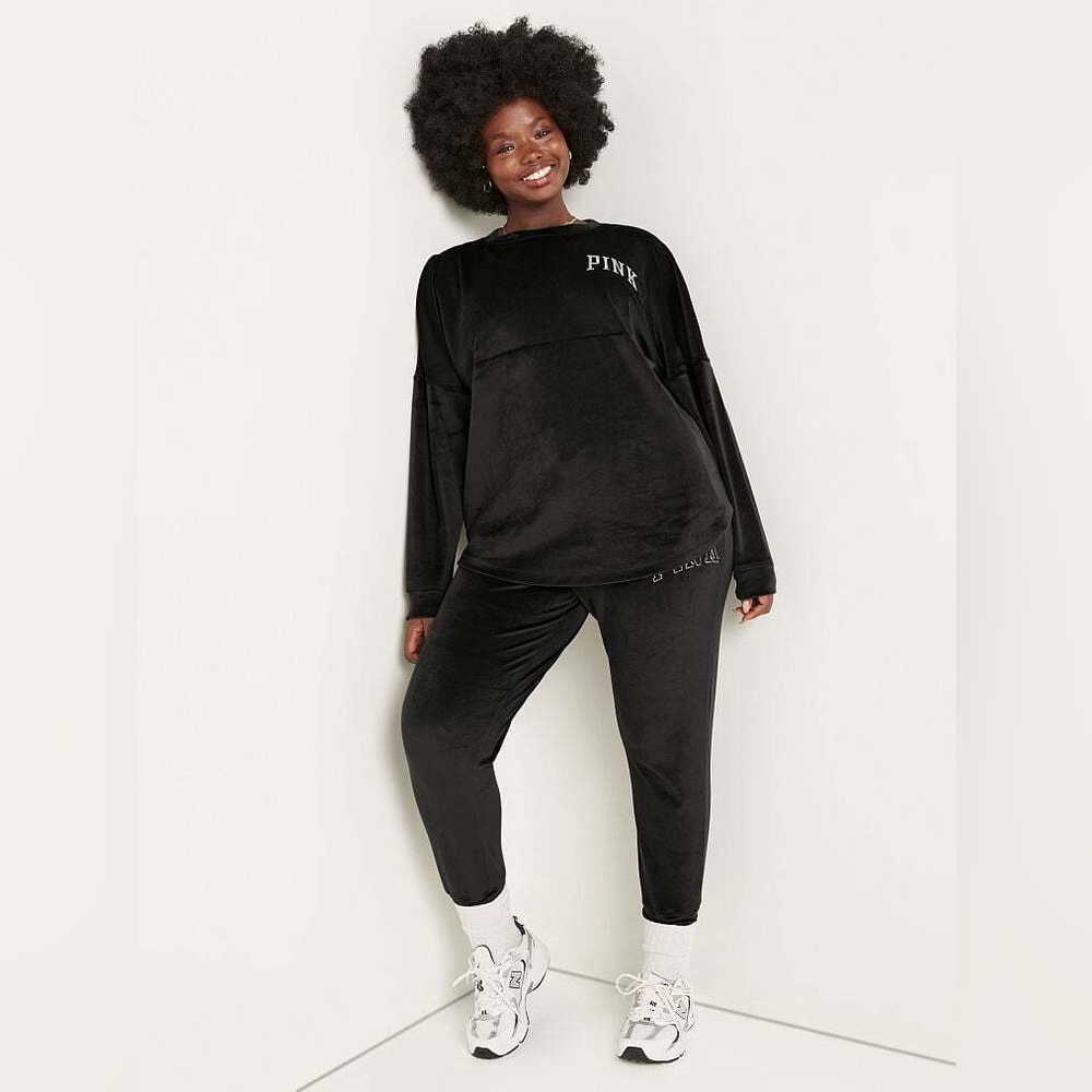 VS Pink Black Varsity Shine Velour Pullover SZ M